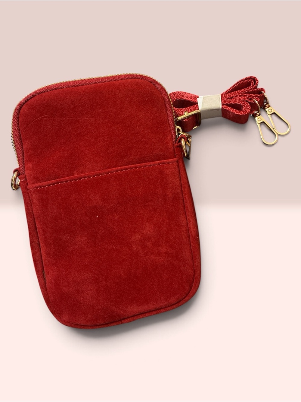 Suede Crossbody Phone Pouch in Deep Red / burgundy with Gold Hardware